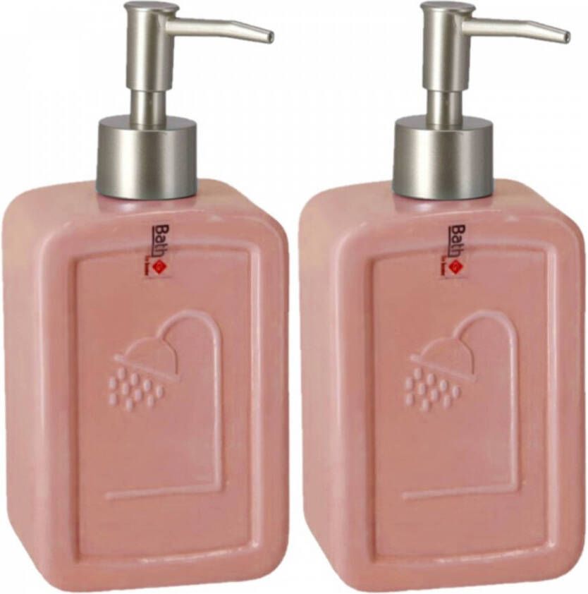 Gerimport Set van 2x stuks zeeppompjes zeepdispensers roze keramiek 18 cm Zeeppompjes