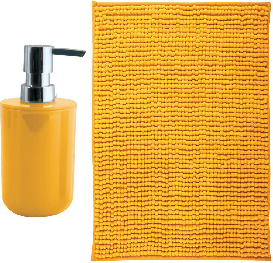 MSV badkamer droogloop mat Milano 40 x 60 cm met bijpassend zeeppompje saffraan geel Badmatjes