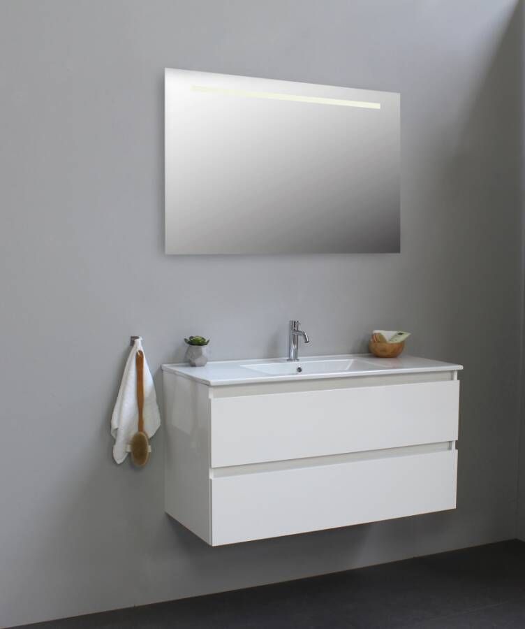 Sub Online onderkast met porseleinen wastafel 1 kraangat met spiegel met geintegreerde LED verlichting 100x55x46cm hoogglans wit