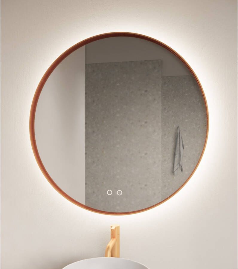 Gliss Design Badkamerspiegel Athena | 40 cm | Rond | Indirecte LED verlichting | Touch button | Spiegelverwarming | Koper metalen rand