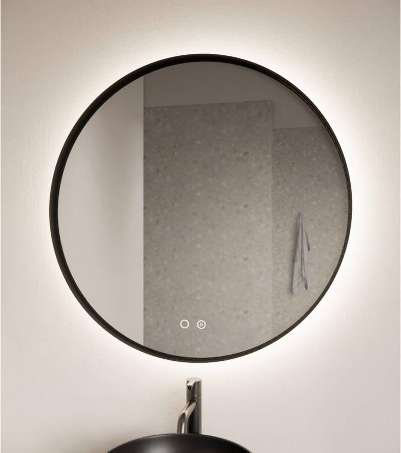 Gliss Design Badkamerspiegel Athena | 40 cm | Rond | Indirecte LED verlichting | Touch button | Spiegelverwarming | Zwart metalen rand