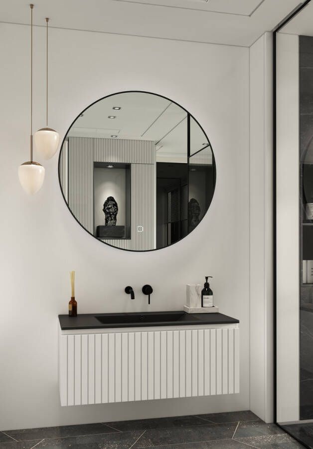 Fontana Lento wit badkamermeubel ribbelfront met zwarte wastafel 100cm zonder kraangat en ronde spiegel