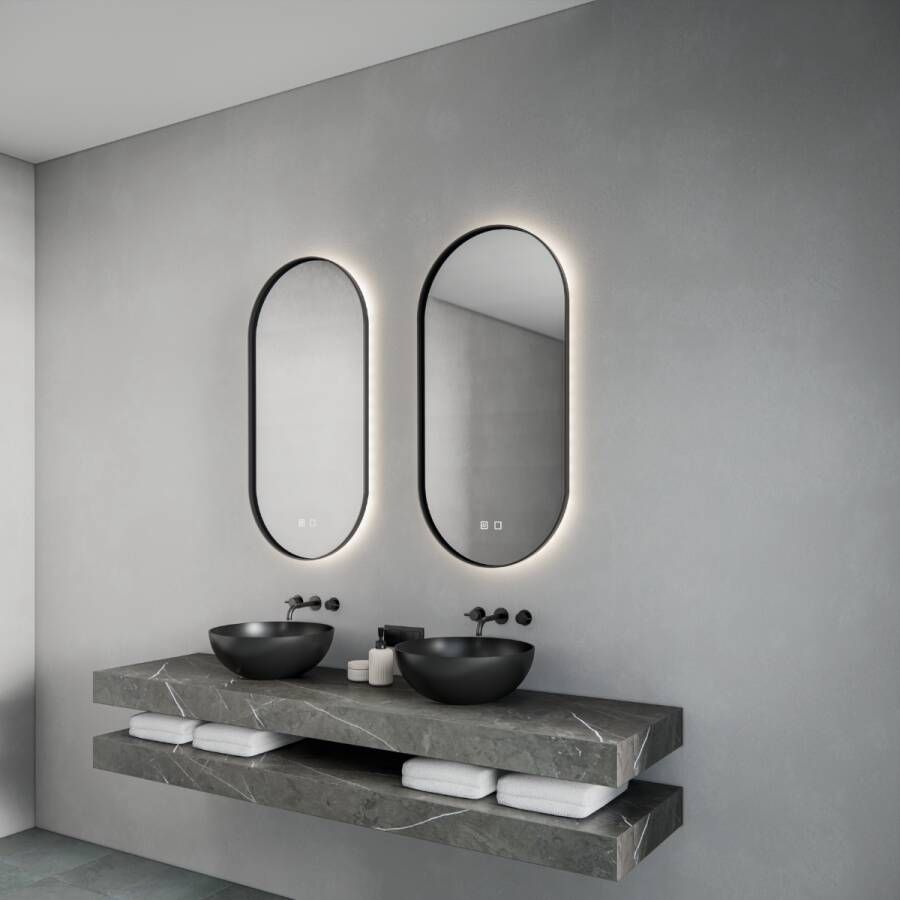 Gliss Design Aura ovale spiegel 50x100cm met LED-verlichting en verwarming zwart mat
