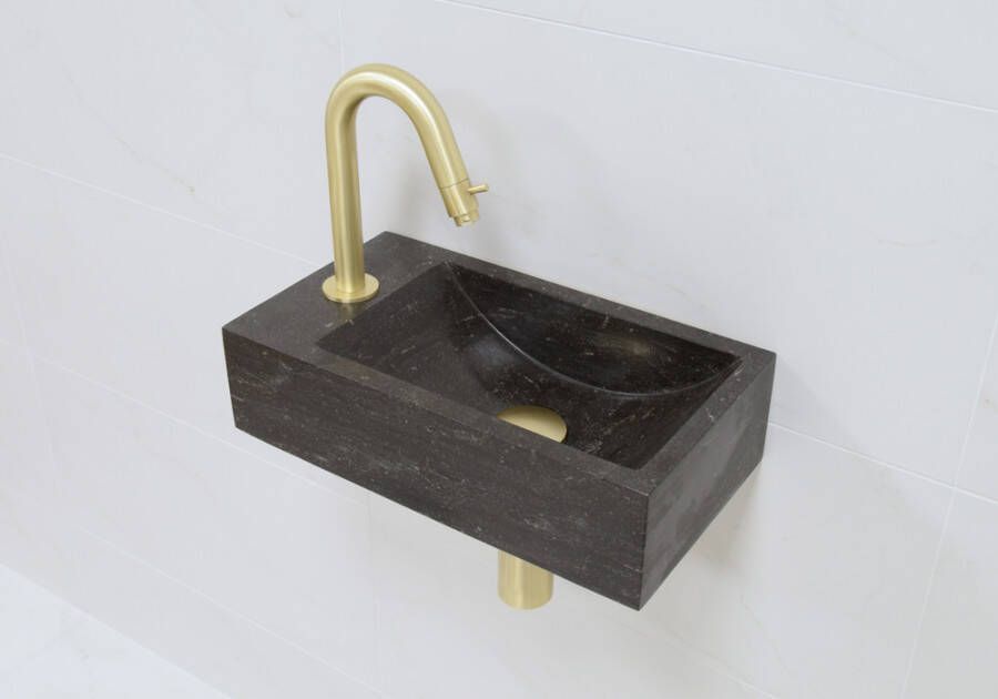 Lambini Designs Recto links natuursteen fonteinset met gouden gebogen fonteinkraan en toebehoren