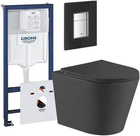 Grohe QeramiQ Dely Toiletset inbouwreservoir zwart glazen bedieningsplaat toilet zitting mat zwart 0729205 0729166 sw543433