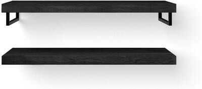Looox Wood collection Duo wandplanken 120x46cm 2 stuks Met handdoekhouders zwart mat massief eiken Black wbduo120blmz