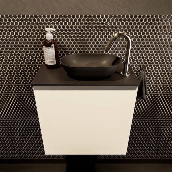 Mondiaz Fowy toiletmeubel 50x50x23cm talc mat 1 kraangat wasbak: rechts 1 deur solid surface met blad MDF kleur wasbak: zwart FOWY59005talcurban