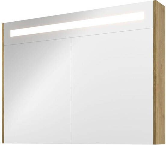 Proline Premium spiegelkast met spiegels aan binnen- en buitenzijde geïntegreerde LED-verlichting en 2 deuren 100 x 60 x 14 cm ideal oak