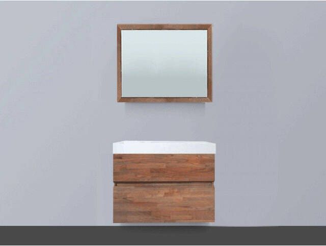 Saniclass Natural Wood badkamermeubelset 80cm hangend model grey oak met wastafel wit 0 kraangaten inclusief spiegel sw3908 sw8060 sw393212