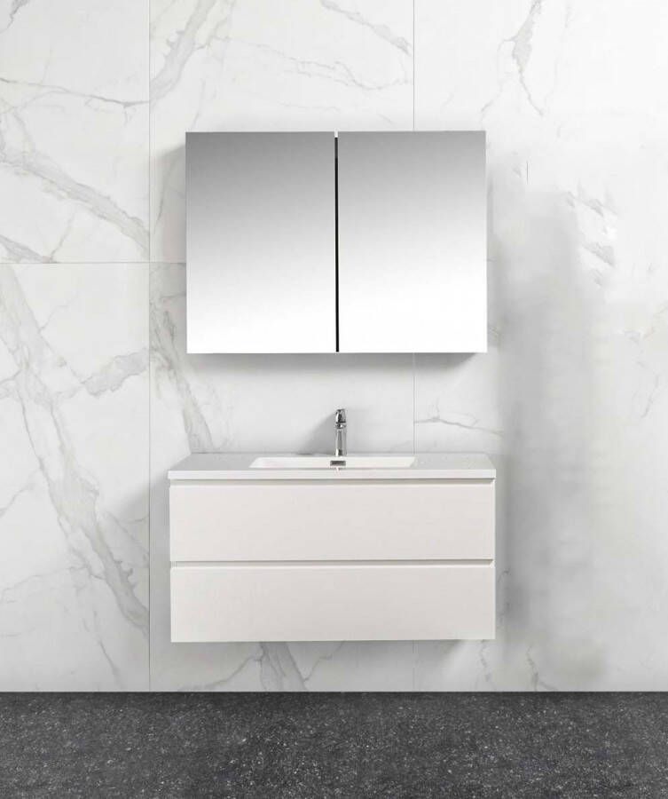 By Goof Badkamermeubel Tieme in hoogglans wit 100x50x48cm met witte wastafel en spiegelkast