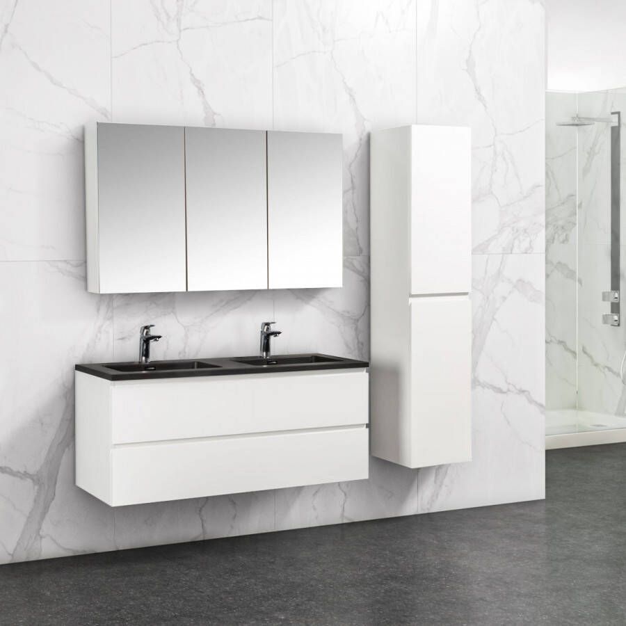 By Goof Badkamermeubel Tieme in hoogglans wit 120x50x48cm met zwarte wastafel spiegelkast en badkamerkast