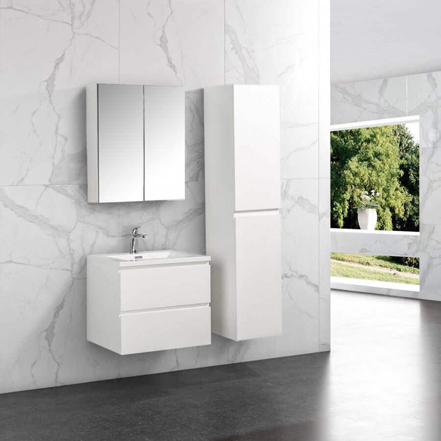 By Goof Badkamermeubel Tieme in hoogglans wit 60x50x48cm met witte wastafel spiegelkast en badkamerkast