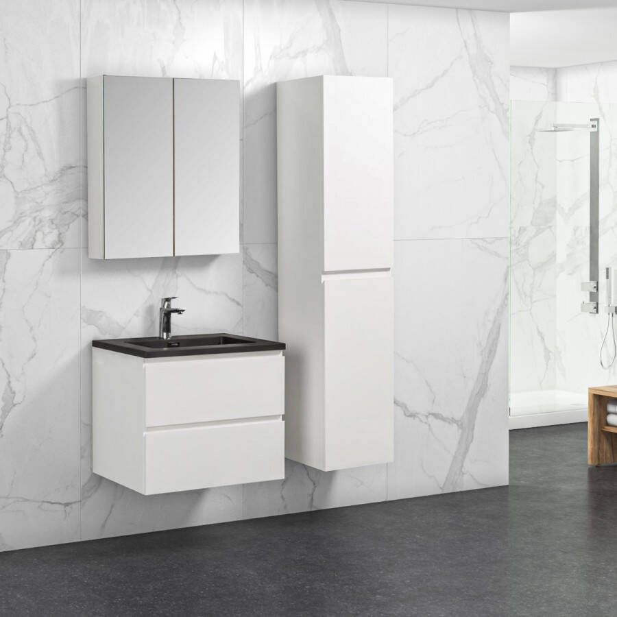 By Goof Badkamermeubel Tieme in hoogglans wit 60x50x48cm met zwarte wastafel spiegelkast en badkamerkast