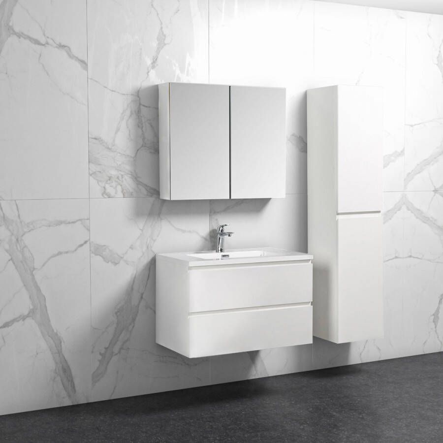 By Goof Badkamermeubel Tieme in hoogglans wit 80x50x48cm met witte wastafel spiegelkast en badkamerkast