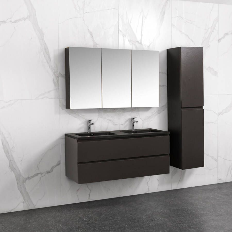 By Goof Badkamermeubel Tieme in mat grijs 120x50x48cm met zwarte wastafel spiegelkast en badkamerkast