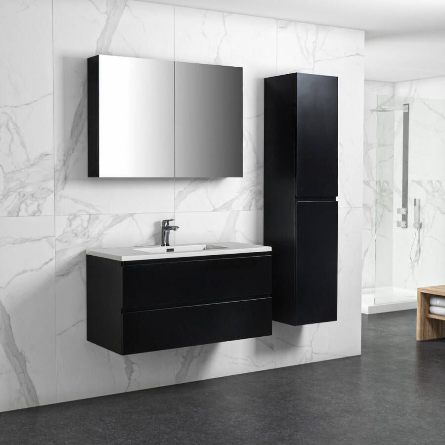 By Goof Badkamermeubel Tieme in mat zwart 100x50x48cm met witte wastafel spiegelkast en badkamerkast