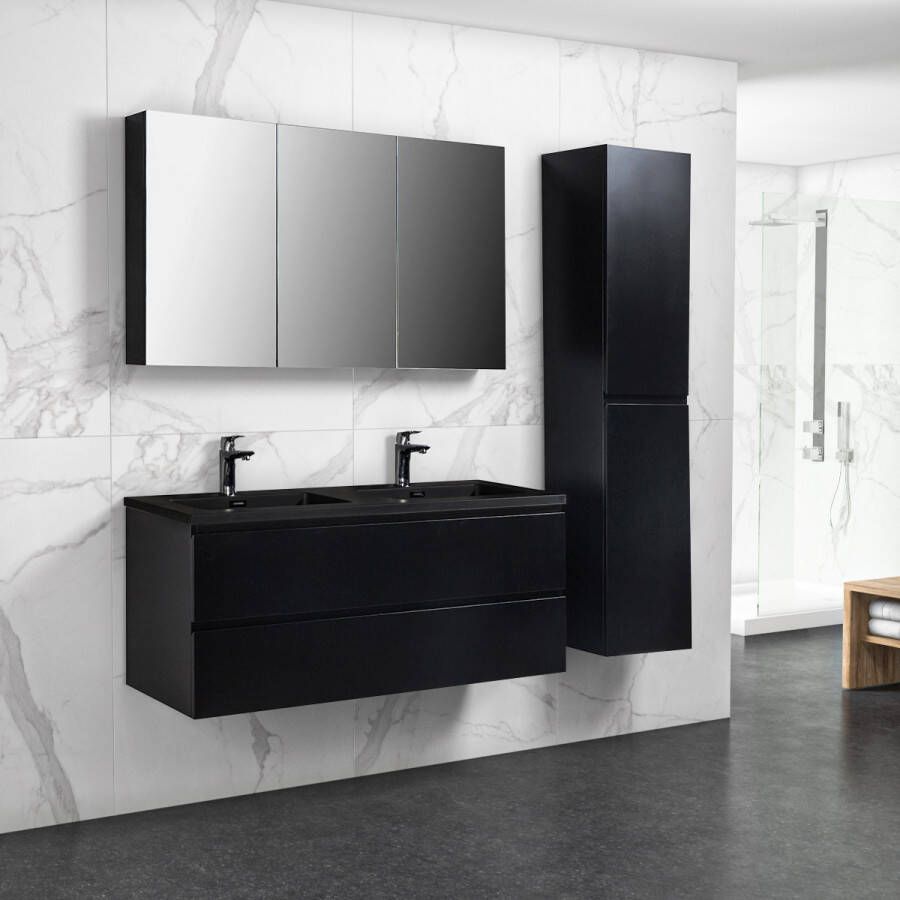 By Goof Badkamermeubel Tieme in mat zwart 1200x500x480mm met zwarte wastafel spiegelkast en badkamerkast