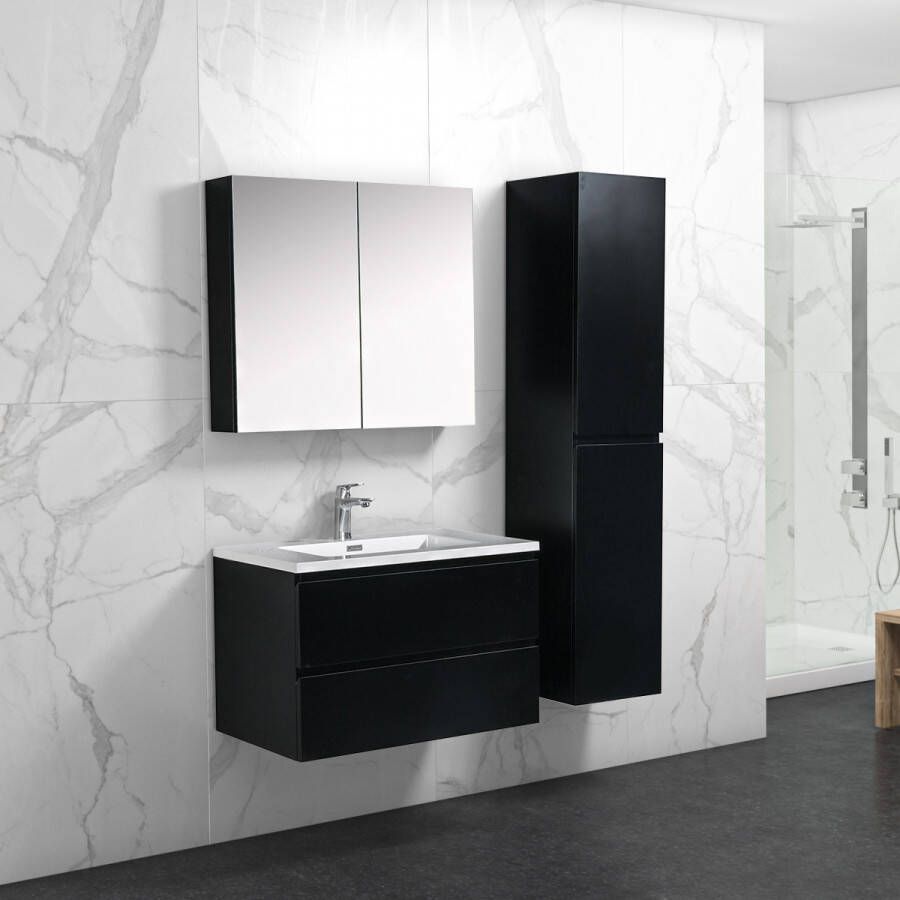 By Goof Badkamermeubel Tieme in mat zwart 80x50x48cm met witte wastafel spiegelkast en badkamerkast