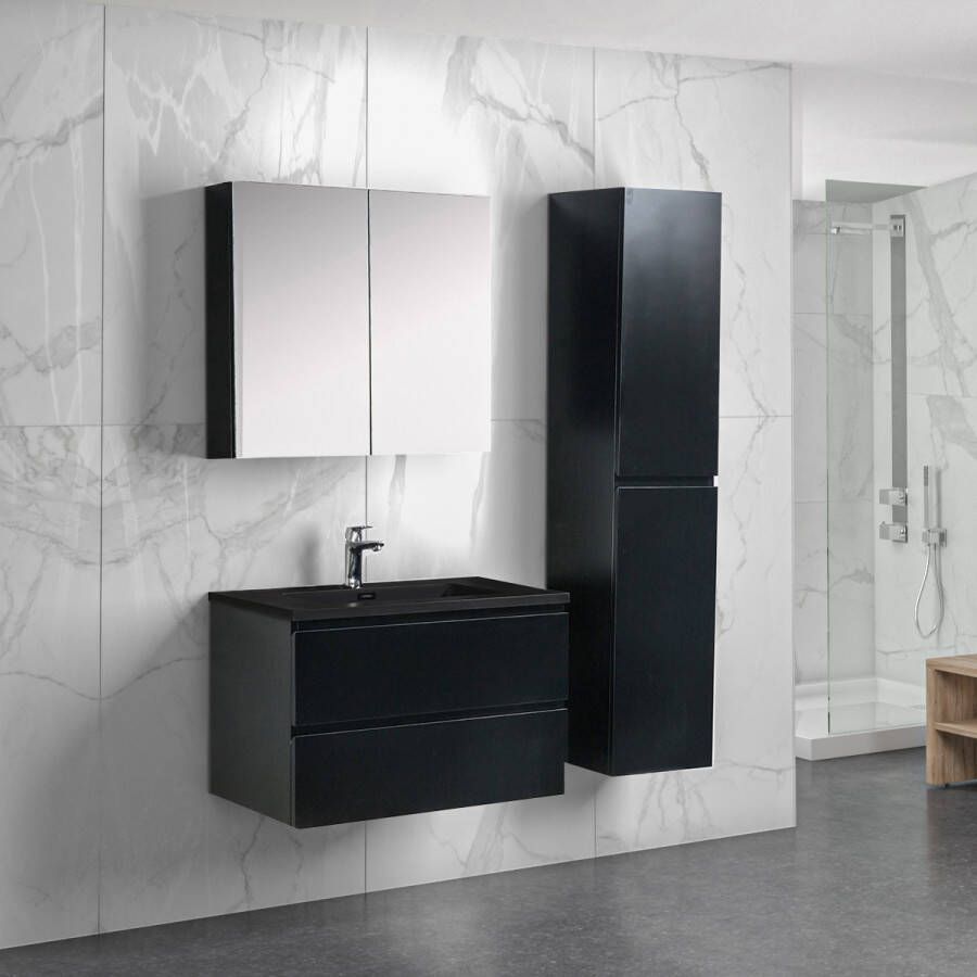 By Goof Badkamermeubel Tieme in mat zwart 80x50x48cm met zwarte wastafel spiegelkast en badkamerkast