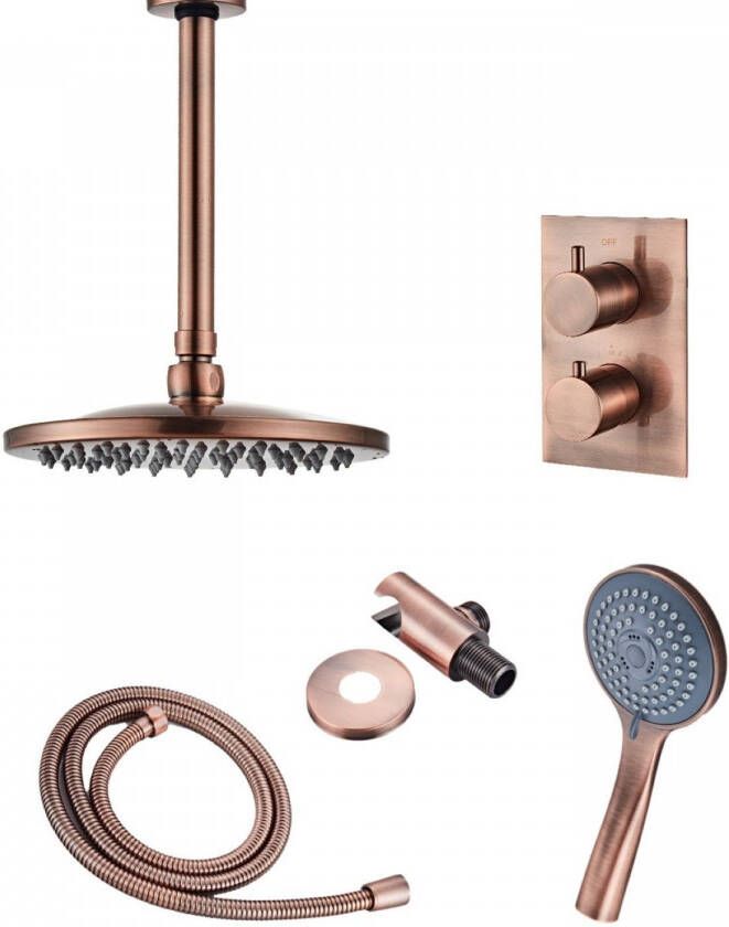 Boss & Wessing Inbouw Regendouche Set Copper met Plafonduitloop en 3 Standen Handdouche Geborsteld Koper 30 cm