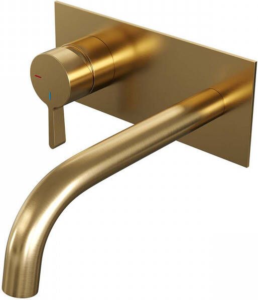 Brauer Gold Edition Wastafelmengkraan inbouw gebogen uitloop rechts middel dikke gladde hendel afdekplaat model E2 PVD geborsteld goud 5-GG-083-B1
