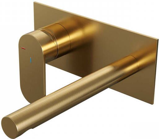 Brauer Gold Edition Wastafelmengkraan inbouw rechte uitloop rechts brede platte gladde hendel afdekplaat model C2 PVD geborsteld goud 5-GG-083-S3