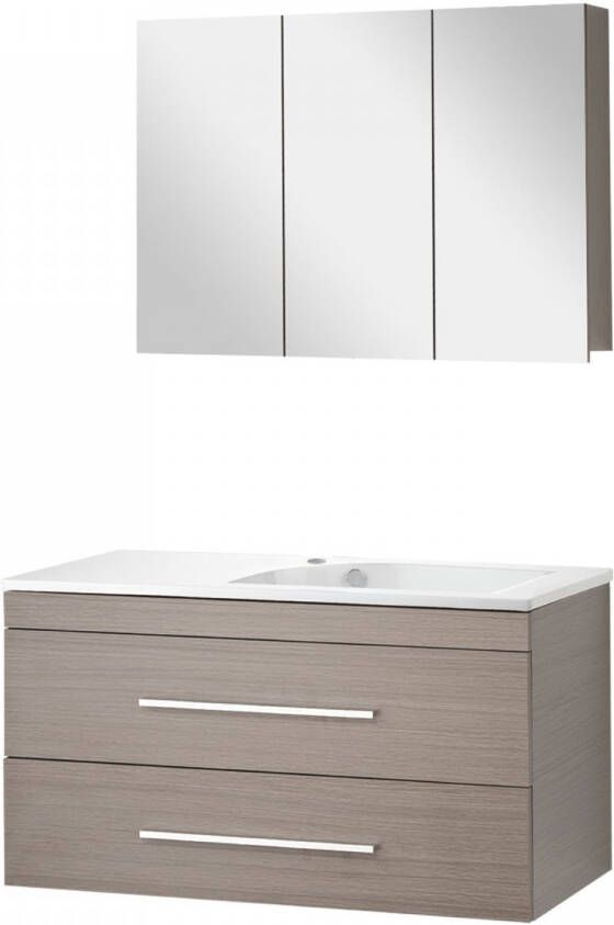 Differnz Style badkamermeubelset 100cm Keramiek wastafelblad met standaard greep met spiegelkast met 1 wasbak Grijs Eiken 36.704.17