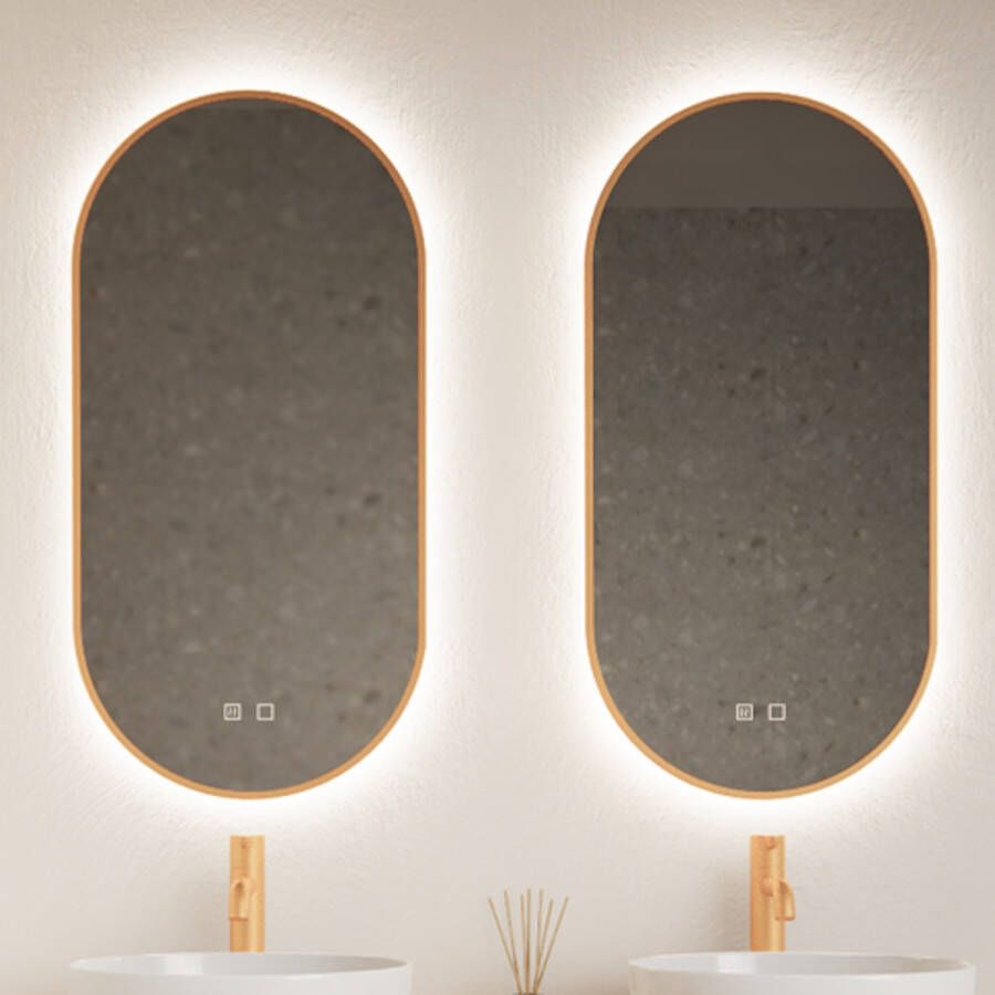 Gliss Design Spiegel Aura 40x100cm Koper Ovaal Met LED Verlichting & Geïntegreerde Spiegelverwarming