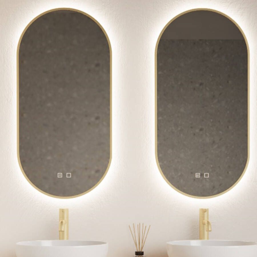 Gliss Design Spiegel Aura 40x100cm Mat Goud Ovaal Met LED Verlichting & Geïntegreerde Spiegelverwarming