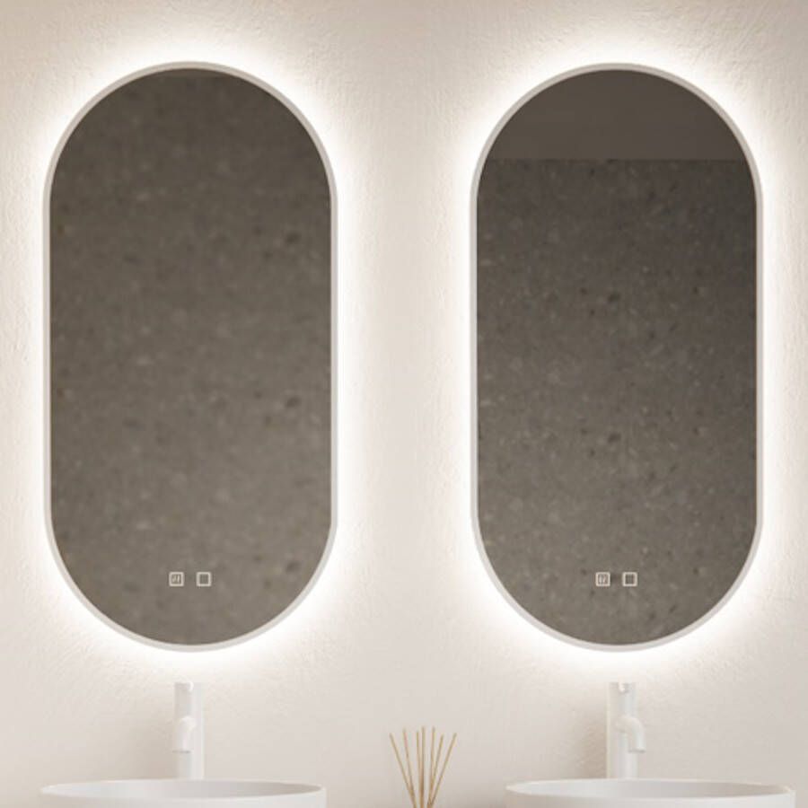 Gliss Design Spiegel Aura 40x100cm Mat Wit Ovaal Met LED Verlichting & Geïntegreerde Spiegelverwarming