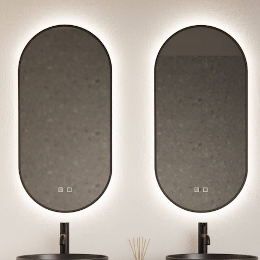 Gliss Design Spiegel Aura 40x100cm Mat Zwart Ovaal Met LED Verlichting & Geïntegreerde Spiegelverwarming