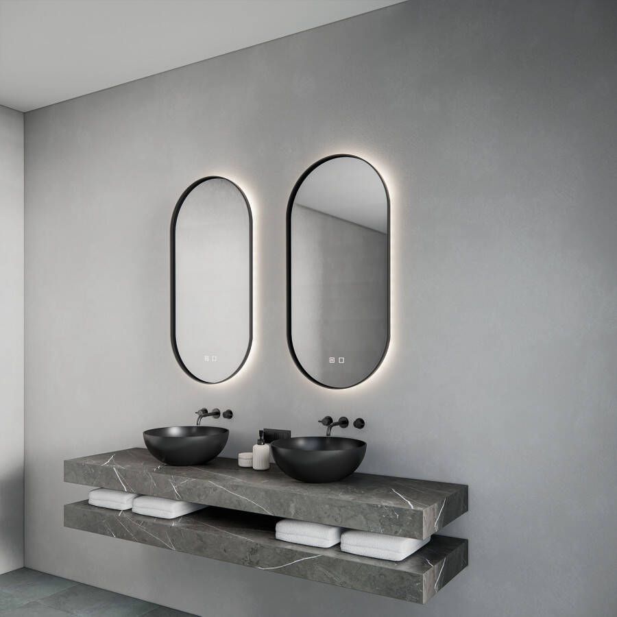 Gliss Design Spiegel Aura 40x100 cm Mat Zwart Ovaal Met LED Verlichting & Geïntegreerde Spiegelverwarming