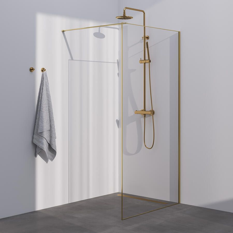 Brauer Inloopdouche Frame Set 1 Helder Glas 90x200 Met Muurprofiel En Lijst Rondom Goud Geborsteld